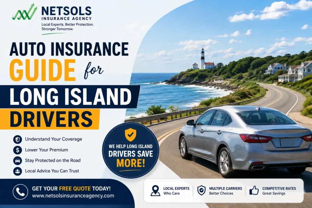 Auto Insurance Guide for Long Island Drivers by Netsols Insurance Agency featuring a car driving along a Long Island coastal road.